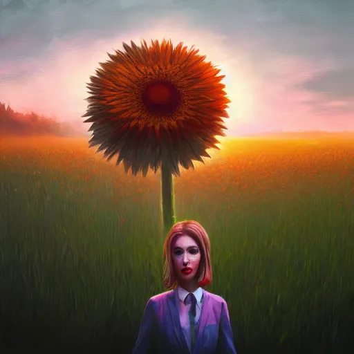 Image similar to giant daisy flower head, frontal, a girl in a suit, surreal photography, sunrise, dramatic light, impressionist painting, digital painting, artstation, simon stalenhag