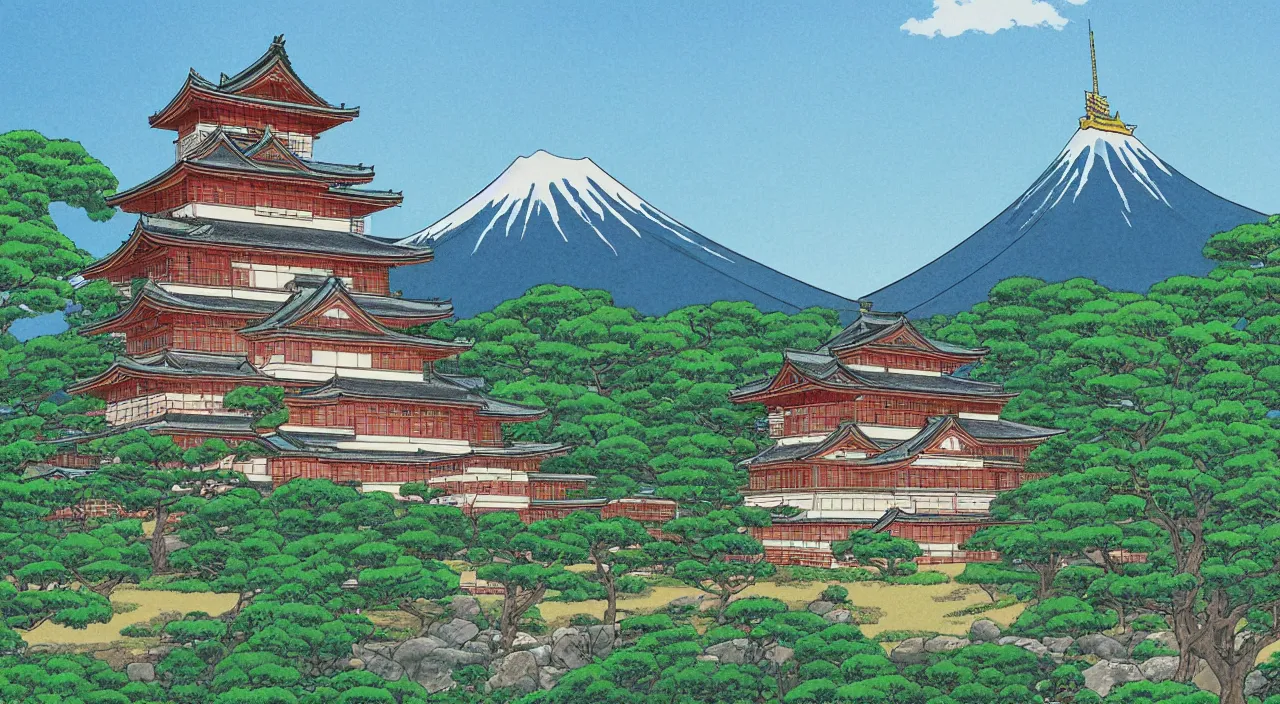 Image similar to a Japanese castle, with a garden as foreground, with mountains as background, by Studio Ghibli