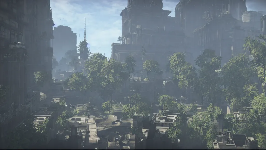 Image similar to Screenshot from Nier Automata, beautiful landscape in Paris