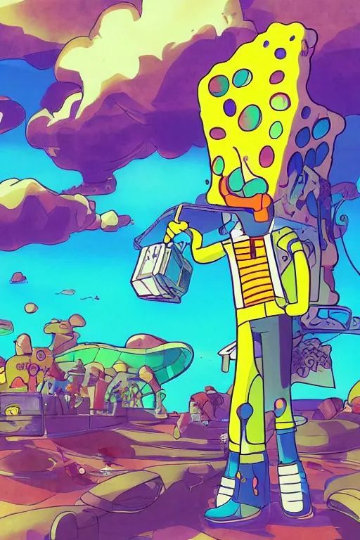 Prompt: concept art painting of alternate reality spongebob, artgerm, moebius, inio asano, toon shading, cel shading, calm, tranquil, vaporwave colors,