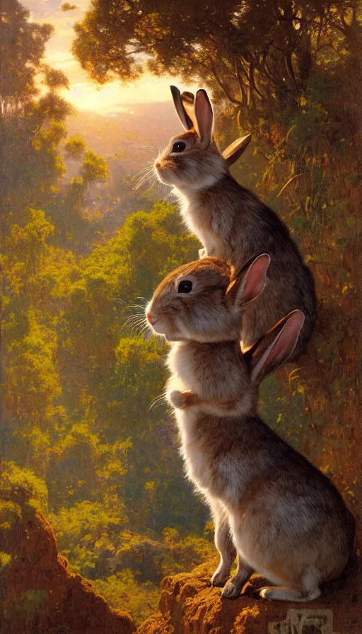 Image similar to hyper realistic rabbit looking off of a cliff, sun setting behind rabbit, lush forest in valley below, painted by gaston bussiere, craig mullins, j. c. leyendecker 8 k