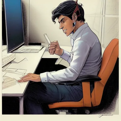 Image similar to a beautiful artwork of a young male scientist with black hair and white shirt sitting at a desk with a laptop by Jerome Opeña, featured on artstation