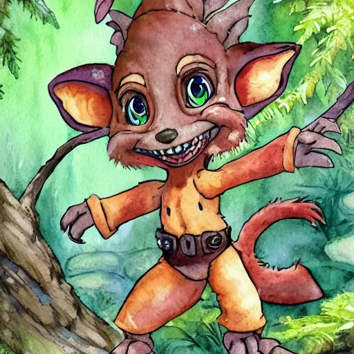 Image similar to watercolor of a chibi kobold in a forest. in the style of don bluth, disney, and hans zatzka. color harmony, 8 k detail, gallery quality, hd wallpaper, premium prints available.