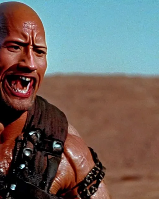 Image similar to film still close up shot of dwayne johnson in the movie mad max 2 the road warrior. photographic, photography