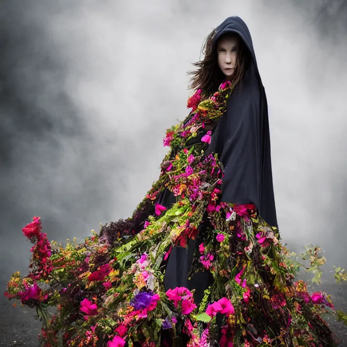 Image similar to a banshee wearing a cloak made of flowers, by Omar Z. Robles, CANON Eos C300, ƒ1.8, 35mm, 8K, medium-format print