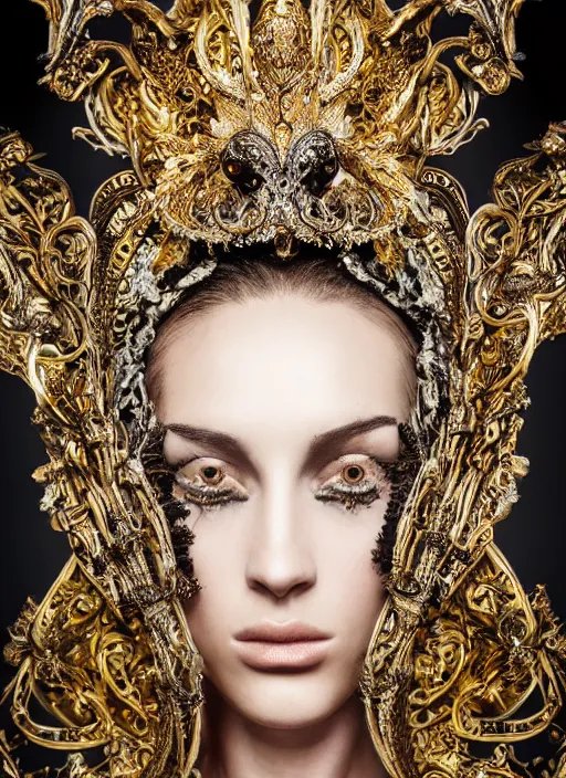 Image similar to a portrait of female model by stefan geselle and nekro borja, photorealistic, intricate details, hyper realistic, fantasy, ornate metal gold headpiece, photorealistic, canon r 3, photography, wide shot, photography, dark beauty, symmetrical features, wide angle shot, whole body, full body shot, standing pose