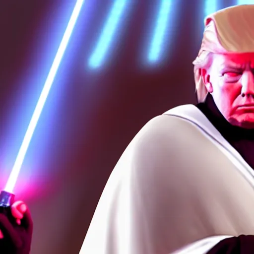Prompt: trump as Sheev Palpatine in star wars in a robe and a red light saber
