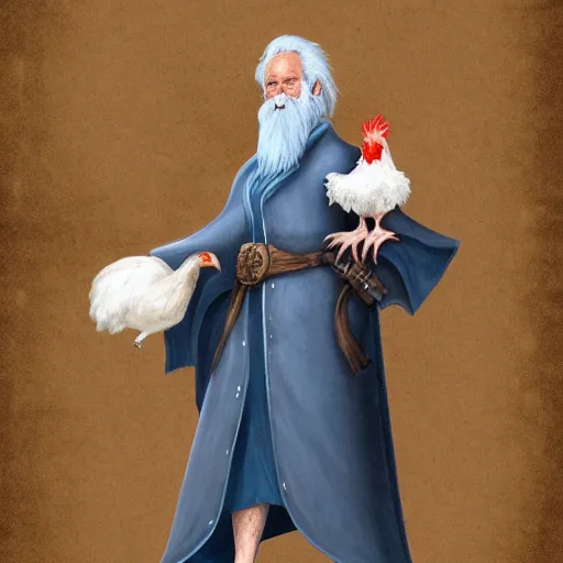 Image similar to character concept art of a kind old wizard with a long white beard looking a confused, holding a pet chicken perched top of his hat, wearing a blue robe, blue eyes, realistic, detailed, trending on ArtStation, by John Howe