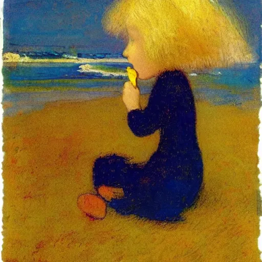 Image similar to pretty child eating ice cream on the beach, long hair flying becouse wind, by odilon redon