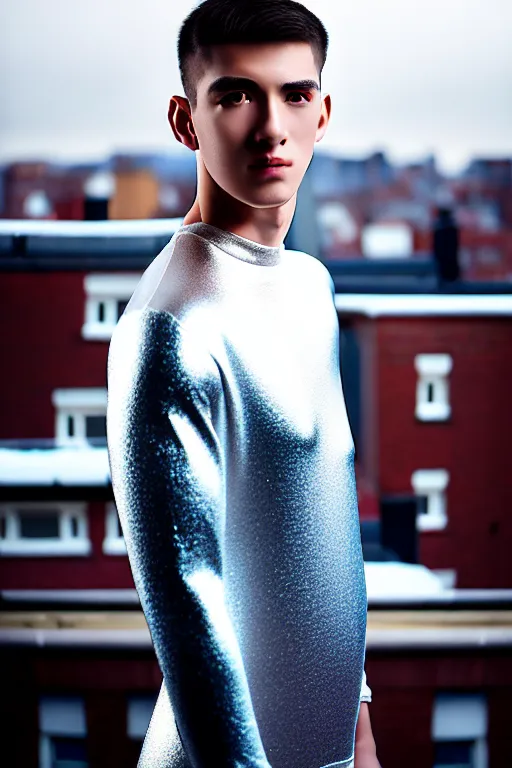 Image similar to un ultra high definition studio quality photographic art portrait of a young man standing on the rooftop of a british apartment building wearing soft padded silver pearlescent clothing. three point light. extremely detailed. golden ratio, ray tracing, volumetric light, shallow depth of field. set dressed.