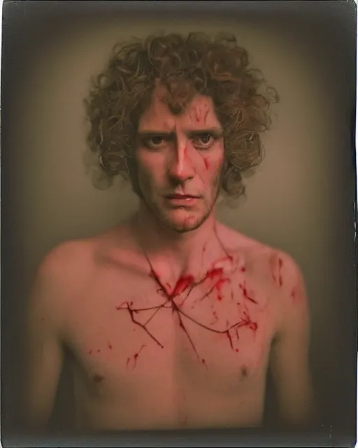 Image similar to an instant photo of a beautiful but sinister man in layers of fear, with haunted eyes and curly hair, 1 9 7 0 s, seventies, delicate embellishments, a little blood, crimson, painterly, offset printing technique, mary jane ansell