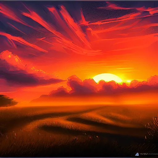 Prompt: A dramatic sunset by Aenami Alena