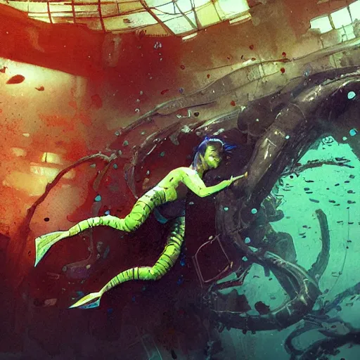 Prompt: woman diving in an alien aquarium, kelp, coral, solar rays, cyberpunk, realistic, detailed, Industrial Scifi, paint, watercolor, in the style of Ashley Wood and Wadim Kashin