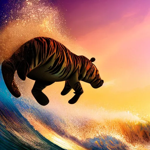 Image similar to a closeup photorealistic photograph of a knitted cute tiger hippopotamus riding an epic wave during sunset. extreme texture. surf in the background. professional capture. brightly lit scene. this 4 k hd image is trending on artstation, featured on behance, well - rendered, extra crisp, features intricate detail, epic composition and the style of unreal engine.