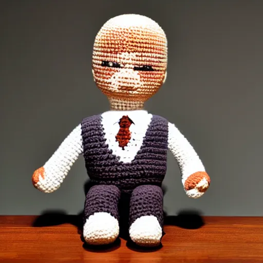 Image similar to joe biden as a crochet doll, intricately detailed, award winning, studio lighting, photograph