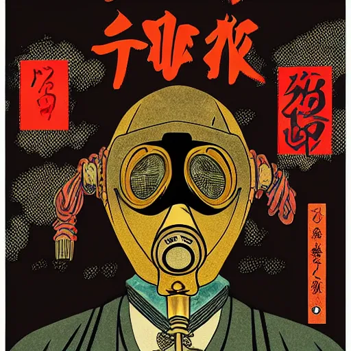 Prompt: Gas mask in Ukiyo-e style, haunting + insanely detailed and intricate, movie poster style