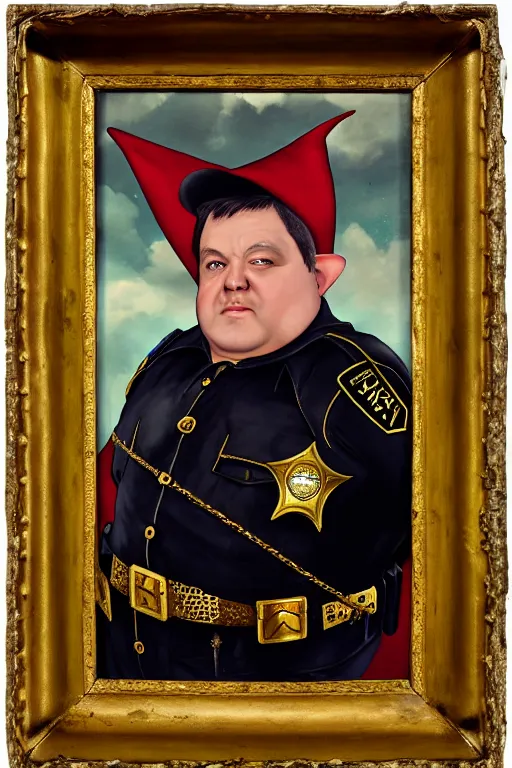 Prompt: high fantasy elf mall cop with a sheriff's badge that is fat, shifty, 1500s Oil Portrait, Carvagio, 8K scan