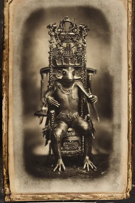 Prompt: a wet plate photo of an anthropomorphic frog king sitting on a throne