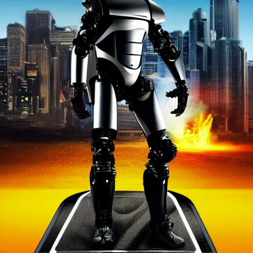 Image similar to A corn on the cob as robocop: robocrop. Movie poster.