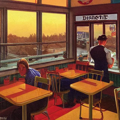 Image similar to a roadside diner open since the 7 0 s in ohio : with free coffee refills, daily specials, and a door you must never open, high quality high detail art by david mattingly and norman rockwell and nc wyeth, hd, realistic, photorealistic lighting, modern supernatural horror.