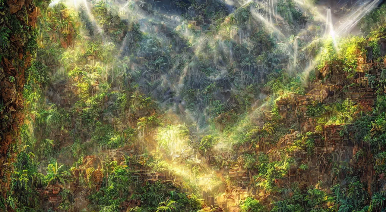 Image similar to zouk fabric jungle dirt wall fortress a spectacular view cinematic rays of sunlight comic book illustration, by john kirby