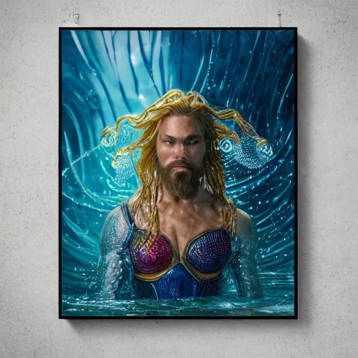 Image similar to intricate five star portrait of aquaman as a jellyfish man and his wife as jellyfish woman, oil on canvas, hdr, high detail, photo realistic, hyperrealism, matte finish, high contrast, 3 d depth, centered, masterpiece, vivid colors, enhanced light effect, enhanced eye detail, artstationhd
