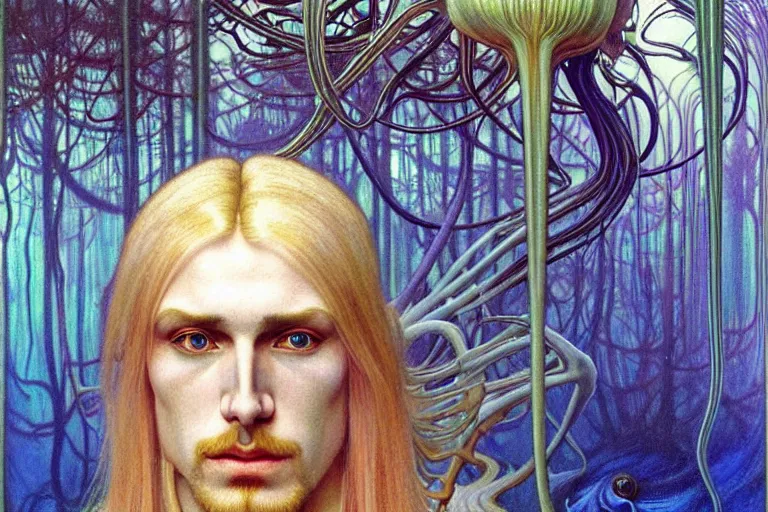 Image similar to realistic detailed portrait painting of a beautiful ghost man with blond hair with an alien, futuristic sci-fi forest on background by Jean Delville, Amano, Yves Tanguy, Alphonse Mucha, Ernst Haeckel, Edward Robert Hughes, Roger Dean, rich moody colours, blue eyes