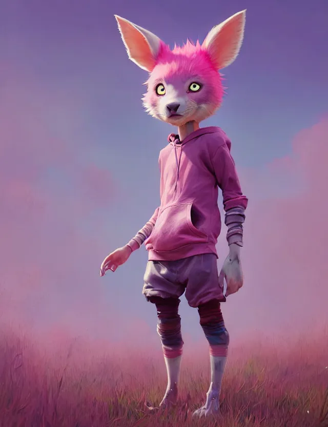 Prompt: beautiful cute boy with pink hair and pink wolf ears and barefoot and hoodie and leggings under shorts in a grass field. character design by cory loftis, fenghua zhong, ryohei hase, ismail inceoglu and ruan jia. artstation, volumetric light, detailed, photorealistic, fantasy, rendered in octane