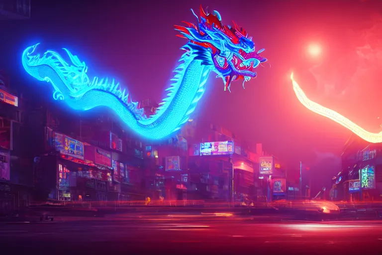 Prompt: cinematic wide angle shot of a neon smoke chinese dragon, midnight city lights, strong bokeh, dramatic lighting, unreal engine, cgsociety, artstation, 4k