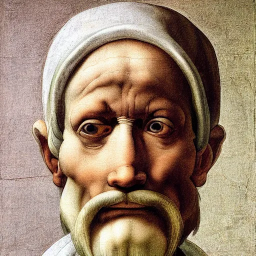 Image similar to scared man staring up, high detail painting by michelangelo