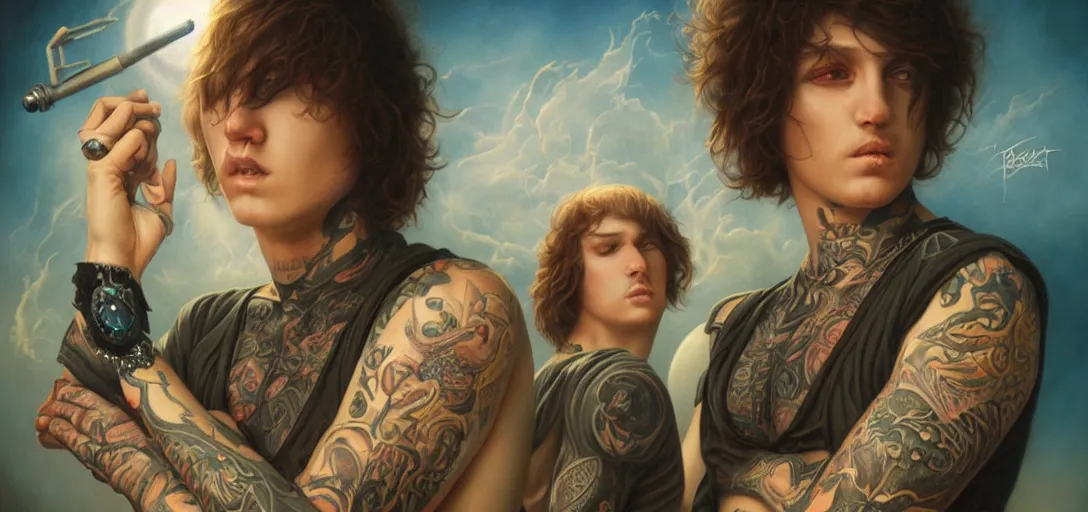 Prompt: Bring Me The Horizon band by Tom Bagshaw and Manuel Sanjulian and Boris Vallejo, Hyperrealism