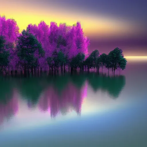 Image similar to Purple haze over a lake at night. Award-winning digital art, trending on ArtStation