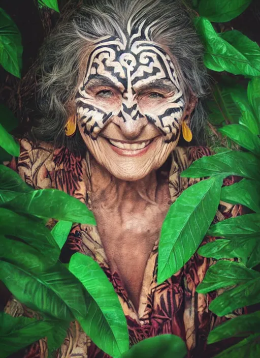 Image similar to a beautiful portrait of a smiling old woman in the jungle surrounded by leaves, tribal face paintings, matte painting, fantasy art