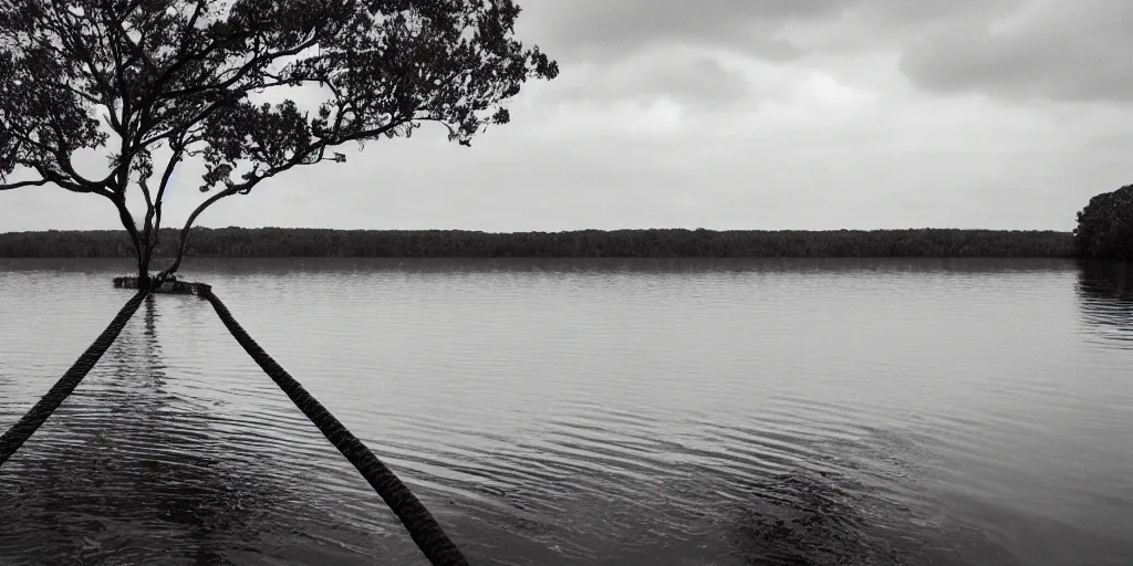 Image similar to centered photograph of a infintely long rope zig zagging across the surface of the water into the distance, floating submerged rope stretching out towards the center of the lake, a dark lake on a cloudy day, moody scene, trees in the background, hyper - detailed photo, anamorphic lens