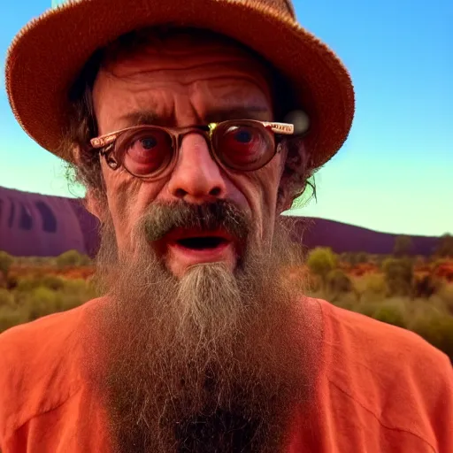 Image similar to terence mckenna, up close at uluru, smoking a cigar, stars, 4 k