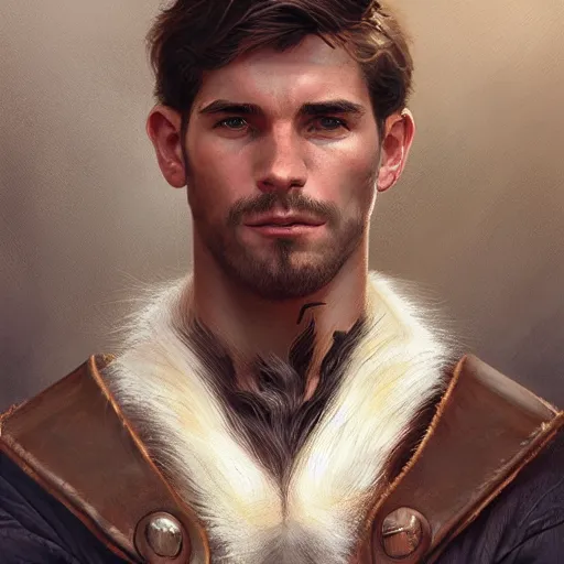 Image similar to portrait of a young, ruggedly handsome scout, soft hair, muscular, half body, leather, hairy, d & d, fantasy, intricate, elegant, highly detailed, digital painting, artstation, concept art, smooth, sharp focus, illustration, art by artgerm and greg rutkowski and alphonse mucha