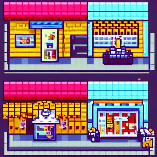 Image similar to isometric 1 6 bit pixel art ice cream shop, cyberpunk, kai vermehr