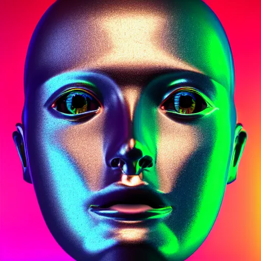 Image similar to 3d render of holographic human robotic head made of glossy iridescent, surrealistic 3d illustration of a human face non-binary, non binary model, 3d model human, cryengine, made of holographic texture, holographic material, holographic rainbow, concept of cyborg and artificial intelligence