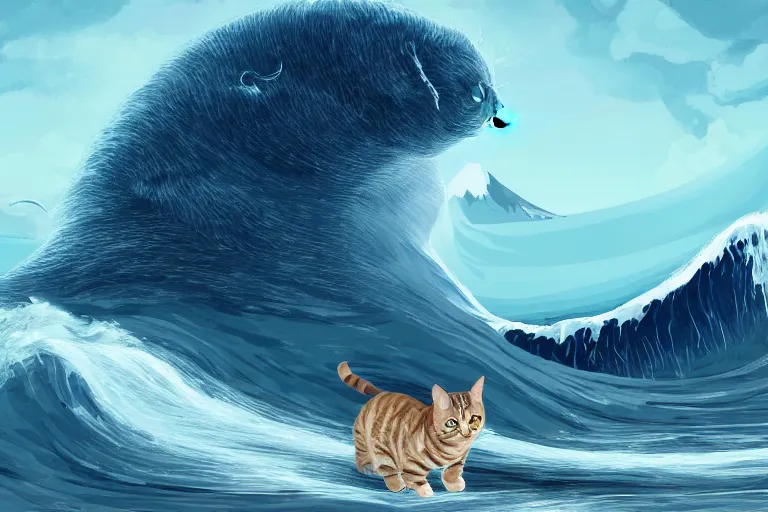 Image similar to giant tsunami wave with a cat of the same size, digital painting, epic composition, highly detailed, 8 k