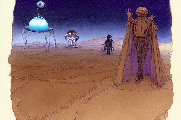 Prompt: a hyperrealist watercolour character concept art portrait of a middle eastern merchant kneeling down in astonishment in front of an alien with 1 2 eyes on a misty night in the desert. a ufo is in the background. by rebecca guay, michael kaluta, charles vess and jean moebius giraud