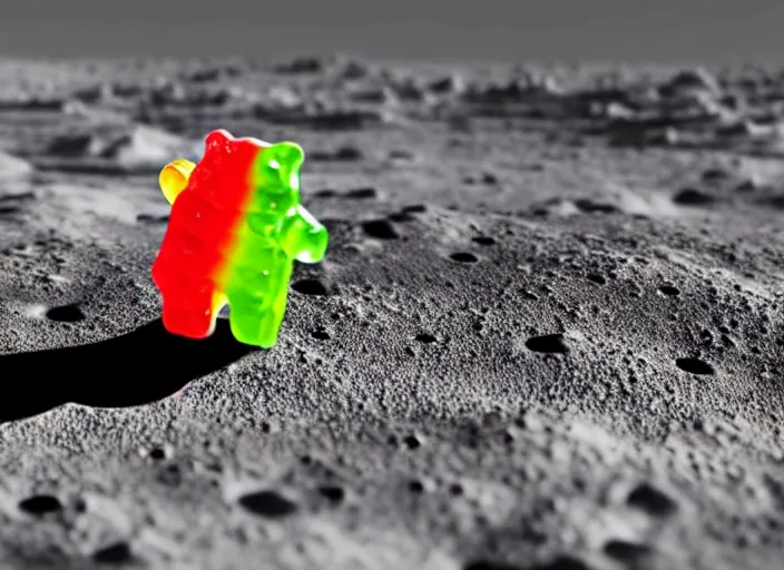 Prompt: a gummy bear walking on the moon staring back at a tiny earth, photorealistic, over the shoulder perspective, we can see earth far out in the distance