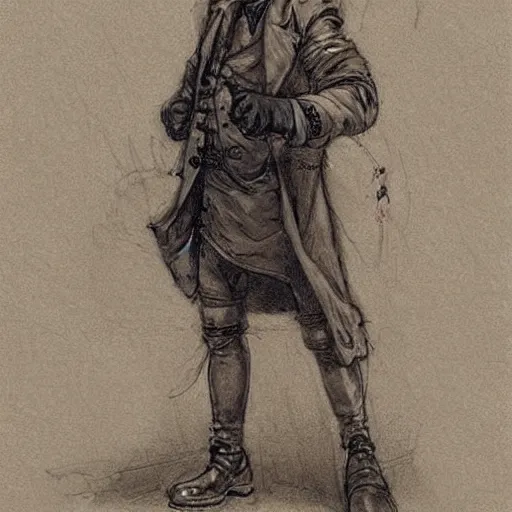 Image similar to sketch by Jean-Baptiste Monge !!!!!!!!!!!!!!!!!!!!!!!!!!!!!!!!!!!!! (((((((((((((portrait of boy dressed as steampunk detective wearing leather gloves . muted colors.)))))))))))))