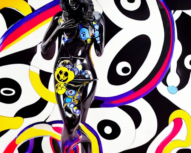 Prompt: extremely beautiful black marble statue in the style of takashi murakami, colorful motocross logos behind her, sharp focus, clear, detailed,, cinematic, detailed, off white, glamourous, symmetrical, vogue, editorial, fashion, magazine shoot, glossy