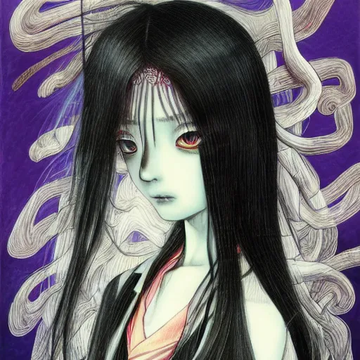 Image similar to yoshitaka amano realistic illustration of a manga girl with black eyes and long wavy white hair wearing dress suit with tie and surrounded by abstract junji ito style patterns in the background, blurry and dreamy illustration, noisy film grain effect, highly detailed, oil painting with expressive brush strokes, weird portrait angle