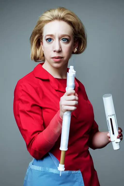 Prompt: elizabeth holmes as a psychopath nurse holding a giant syringe, cosplay, studio lighting