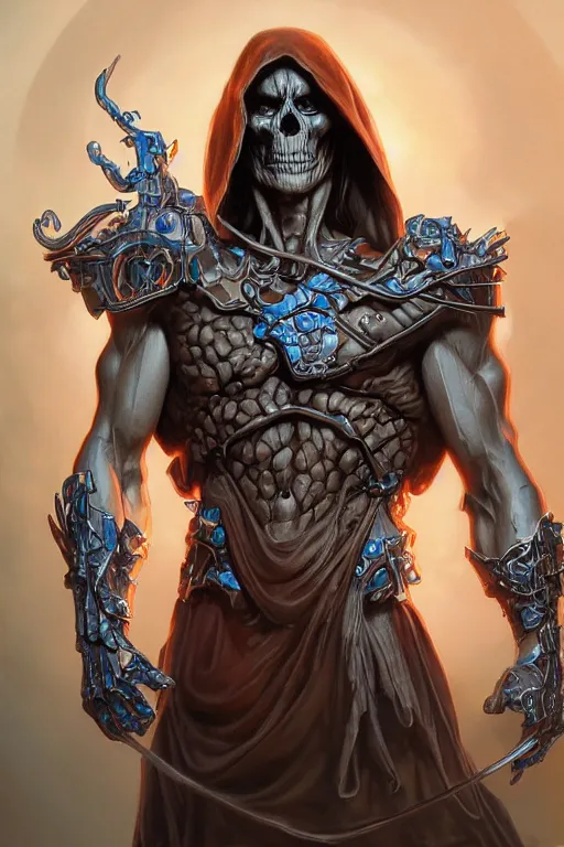 Image similar to ultra realistic illustration, skeletor from masters of the universe, sci - fi, fantasy, intricate, elegant, highly detailed, digital painting, artstation, concept art, smooth, sharp focus, illustration, art by artgerm and alphonse mucha