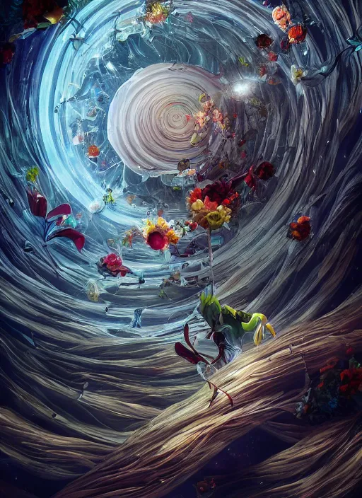 Image similar to An epic fantastic realism comic book style painting of the most beautiful spiraling entwined flowers launched exquisitely across the dark spinning universe, floating bouquets, fisheye, perfect shiny iridescent silver spheres, unreal 5, DAZ, hyperrealistic, octane render, dynamic lighting