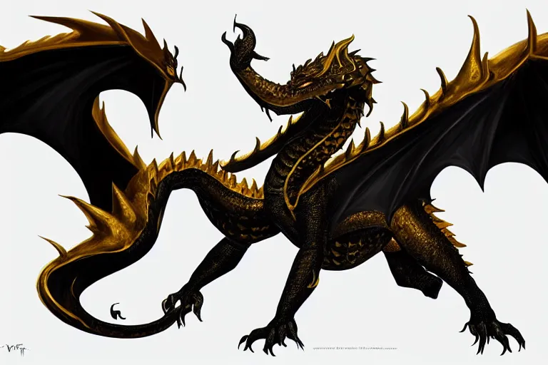Image similar to full body digital illustration ofa young dragon of black and gold by randy vargas, studio lighting, concept art, matte background, deviantart, artstation