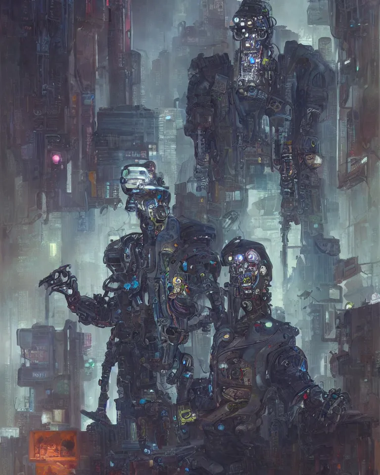 Prompt: an oil painting portrait of a cybernetic junkyard ghost, cyberpunk, shadowrun, in the style of brom