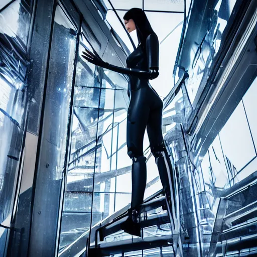 Prompt: cyberpunk girl wearing robotic clothing, standing on glass stairway looking down into the abyss